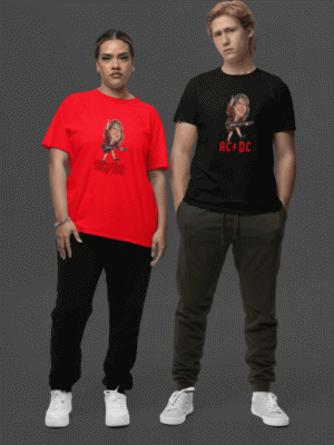 mockup of a man and a woman wearing gildan t shirts with a round neck m32773