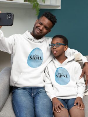 mockup of a dad and kid with hoodies taking a selfie 33113