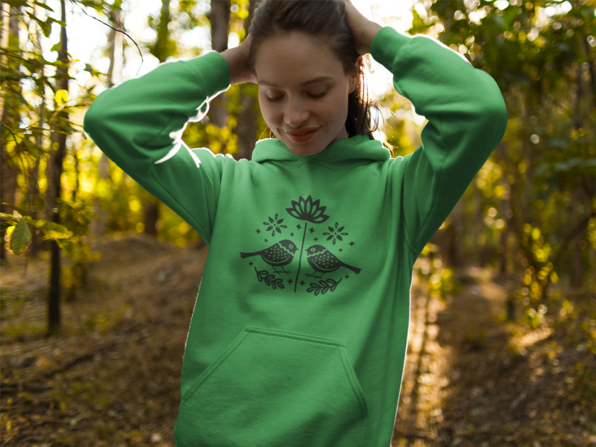 girl wearing a hoodie mockup while in the woods a17906